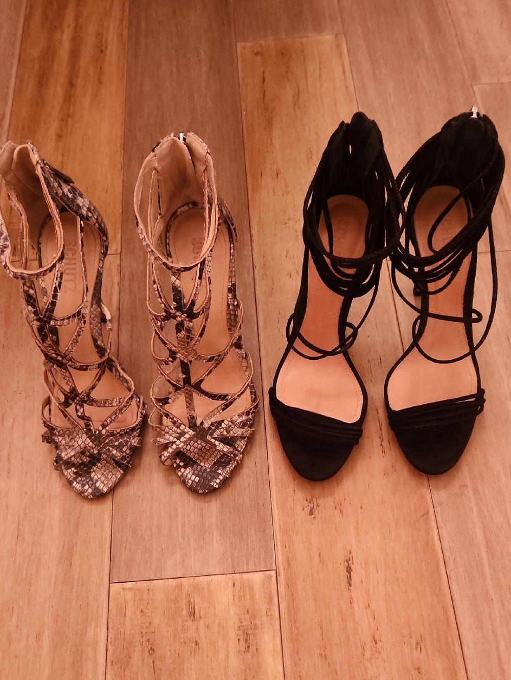 Schultz Black and Snake Print Lace-Up Strappy Heel Sandals Two Pair